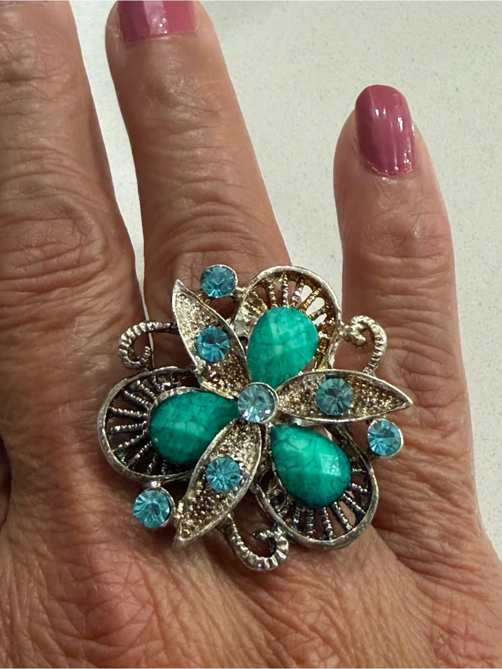 Vintage Style Teal Flower Adjustable Ring with Blue Crystals